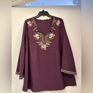 Soft Surroundings V Neck Deep Purple Blouse Tunic W Floral Embroidery Boho L